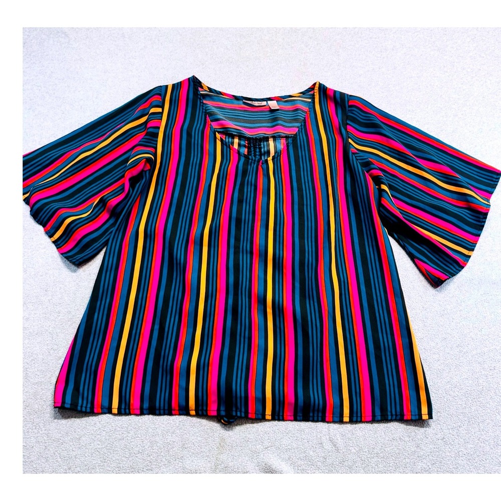 Willow + Root Blouse Womens M Multicolor Striped Bell Sleeve Tie Back Retro Chic